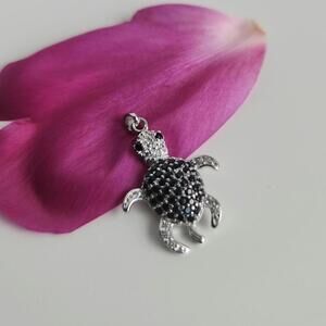 Turtle Charm Pendant in Sterling Silver with Black and White CZ Stones